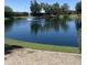 Scenic pond featuring a fountain, lush greenery, and mature trees for a tranquil outdoor experience at 7725 W Mcrae W Way, Glendale, AZ 85308