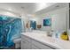 Bright, white bathroom with a shower featuring a blue marble curtain, modern vanity, and large mirror at 1744 W Hopi Dr, Coolidge, AZ 85128