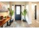 Elegant foyer with a dark door flanked by matching plants and a decorative wooden console table at 22837 E Orchard Ln, Queen Creek, AZ 85142