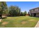 Large backyard with lush grass, mature trees, and play structure at 2614 E Carob Dr, Gilbert, AZ 85298