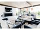 Stylish outdoor living area with comfortable seating, a fireplace, and a view of the beautifully landscaped backyard at 3330 S Horizon Pl, Chandler, AZ 85248