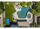 Aerial view showcasing a backyard with a pool, spa, lounge areas, artificial grass, and mature landscaping at 2056 E Carob Dr, Chandler, AZ 85286