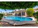 Backyard view of a refreshing pool with lush landscaping and a covered patio at 2547 W Naranja Ave, Mesa, AZ 85202