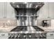 Close up of professional grade gas range and vent hood at 26314 N 103Rd Dr, Peoria, AZ 85383