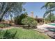 Spacious backyard with mature trees, landscaping, patio, and pool at 6101 E Beck Ln, Scottsdale, AZ 85254