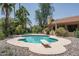 Sparkling backyard pool with diving board surrounded by mature trees and stone landscaping at 6101 E Beck Ln, Scottsdale, AZ 85254