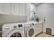 Organized laundry room featuring front-load washer and dryer, upper cabinets, and a folding countertop at 7128 E Bramble Berry Ln, Scottsdale, AZ 85266