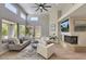 Bright living room with a fireplace, large windows, ceiling fan, and modern decor at 7128 E Bramble Berry Ln, Scottsdale, AZ 85266