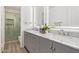 Bathroom features gray vanity with marble countertop, dual sinks, and glass-enclosed shower at 1953 W Lark Dr, Chandler, AZ 85286