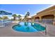 Community pool featuring lounge chairs, palm trees, clear skies, and nearby clubhouse at 23075 W Arrow Dr, Buckeye, AZ 85326