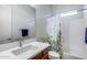 Bright bathroom with stylish vanity, floral shower curtain, and modern fixtures at 31332 N 137Th Ln, Peoria, AZ 85383