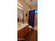 Bathroom featuring a single sink vanity, toilet, shower with curtain, and wall decor at 3247 E Lark Ct, Gilbert, AZ 85297
