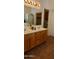 Bathroom featuring a double sink vanity with wood cabinets and a view to the shower and commode at 3247 E Lark Ct, Gilbert, AZ 85297