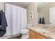 Bathroom featuring tiled floor, vanity with marble countertop, and shower with curtains at 4102 E Palm Beach Dr, Chandler, AZ 85249