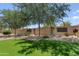 Manicured backyard with artificial turf, mature trees, decorative wall features, and desert landscaping at 5024 S Citrus Ct, Gilbert, AZ 85298
