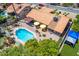 Aerial view of a backyard with a pool, covered patio, desert landscaping, and a view of the neighborhood at 6017 E Kathleen Rd, Scottsdale, AZ 85254