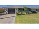 Charming single-story home featuring a well-manicured lawn, black garage door, and a light-colored brick facade at 11133 W Cameo Dr, Sun City, AZ 85351