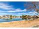 Scenic view of a neighborhood pond with surrounding homes and a clear blue sky, showcasing community charm at 11622 W Palm Brook Dr, Avondale, AZ 85392