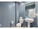 Stylish powder room featuring blue walls, a pedestal sink, and modern fixtures at 19415 W Colter St, Litchfield Park, AZ 85340