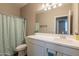 Bathroom featuring a toilet, shower with curtain, and vanity at 29481 W Mitchell Ave, Buckeye, AZ 85396