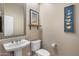 Stylish powder room with pedestal sink, decorative mirror, wall art, and a neutral color scheme at 1720 W Aloe Vera Dr, Phoenix, AZ 85085