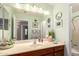 Bathroom featuring a wood vanity and a large mirror decorated with tropical-themed artwork at 17796 W Andora St, Surprise, AZ 85388