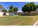 Spacious backyard with lush green grass, mature trees, and a serene waterfront view from the property at 319 N Riata St, Gilbert, AZ 85234