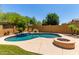 Backyard oasis featuring a sparkling pool, a cozy fire pit, and lush landscaping with ample privacy for relaxation at 8304 E Inca St, Mesa, AZ 85207