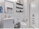 This powder room has a mirror, floating shelves and modern decor at 997 E White Wing Dr, Casa Grande, AZ 85122