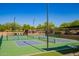 Outdoor pickleball courts with green and blue surfaces, surrounded by mature trees and fencing, under a clear blue sky at 41227 N Rolling Green Way, Anthem, AZ 85086