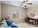 Bedroom featuring a ceiling fan, a view from the window and a dark stained wooden desk at 4200 N Miller Rd # 408, Scottsdale, AZ 85251
