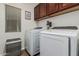 Clean laundry room with modern machines, dark cabinetry, and a window at 5437 W Red Bird Rd, Phoenix, AZ 85083