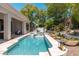 Stunning backyard showcasing a pool, covered patio, outdoor furniture, and xeriscaping at 7710 E Tardes Dr, Scottsdale, AZ 85255