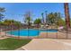 Stunning backyard pool with safety fence, mature palm trees and desert landscaping, perfect for relaxing at 8606 S Dorsey Ln, Tempe, AZ 85284