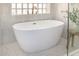 Freestanding bathtub with brass fixtures, a nearby window, and stylish mosaic floor tiling at 9112 E Palm Tree Dr, Scottsdale, AZ 85255