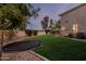 Expansive backyard featuring lush green grass, a trampoline, string lights, and privacy landscaping at 1571 E Saratoga Ct, Gilbert, AZ 85296