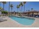 Community pool area with shaded seating, lounge chairs, and mature palm trees at 205 N 74Th St # 261, Mesa, AZ 85207