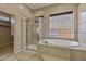 Well-lit bathroom with a walk-in shower and separate soaking tub at 2370 W Maplewood St, Chandler, AZ 85286