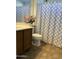 Well-maintained bathroom featuring vinyl flooring, a toilet, vanity, and a shower with decorative curtain at 7321 S 48Th Dr, Laveen, AZ 85339