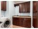 Convenient laundry room with ample storage cabinets, granite counter space, and utility sink at 12120 E Cortez Dr, Scottsdale, AZ 85259