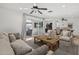 Bright living room featuring neutral tones, ceiling fan, tile flooring, and sliding glass doors to backyard patio at 2519 E Geneva Dr, Tempe, AZ 85282