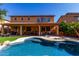 Backyard view of a pool, covered patio, manicured synthetic lawn, desert landscaping, and tile roof at 3080 E Andre Ave, Gilbert, AZ 85298
