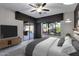 Bedroom featuring a king bed, TV, sliding doors to the patio, modern lighting, and a textured dark wall at 645 W Longhorn Dr, Chandler, AZ 85286