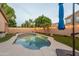 Backyard with a beautiful blue pool, lush grass, tasteful landscaping and block fencing at 7027 W Blackhawk Dr, Glendale, AZ 85308