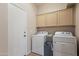 Functional laundry room with side-by-side washer and dryer, upper cabinets and access door at 7736 W Tumblewood Dr, Peoria, AZ 85382