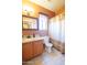 Bathroom with a vanity, toilet, and shower featuring decorative curtain and window at 111 N Soho Pl, Chandler, AZ 85225