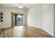 Spacious bedroom with wood floors and a sliding door to a balcony at 2402 E 5Th St # 1649, Tempe, AZ 85288