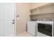 Laundry room with new washer and dryer units, door, and built in shelves at 6936 E Snowdon St, Mesa, AZ 85207