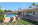 Aerial view of the backyard featuring a pool, covered patio, and green grass at 11446 N 109Th St, Scottsdale, AZ 85259