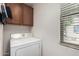 Functional laundry room with storage cabinets, natural light, and a white dryer at 14885 W Ashland Ave, Goodyear, AZ 85395